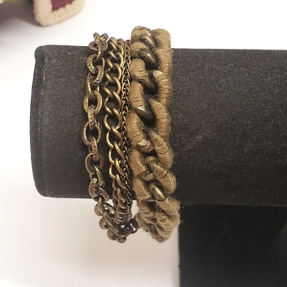 Unique Bronze Chunky Thread Wrapped Multi Chain Bracelet